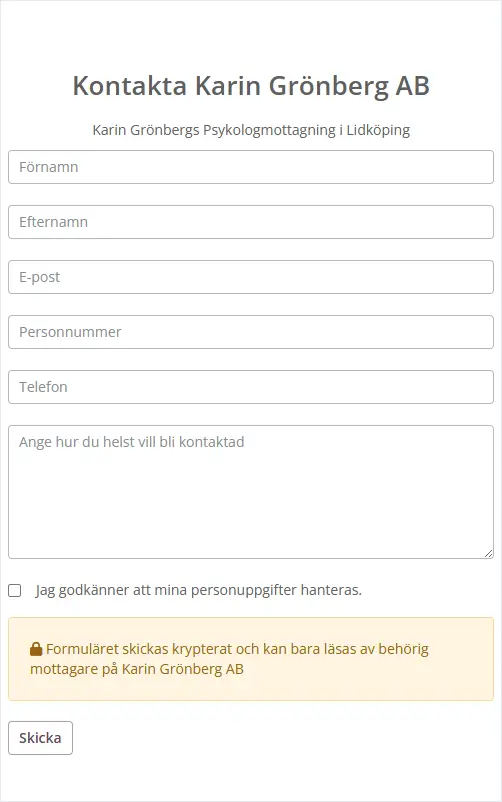 Kontaktformulär hos psykolog Karin Grönberg